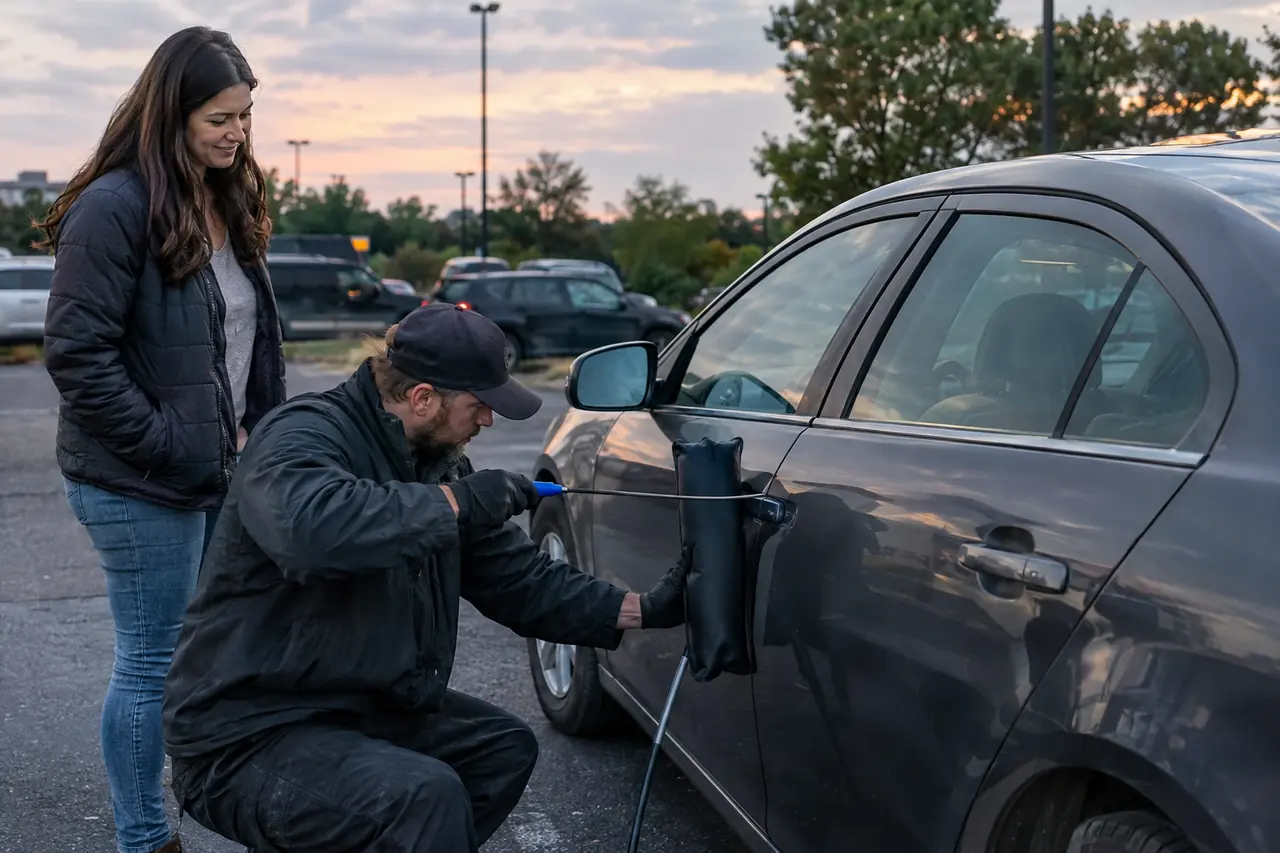 Locksmith unlocking a car for a stranded driver