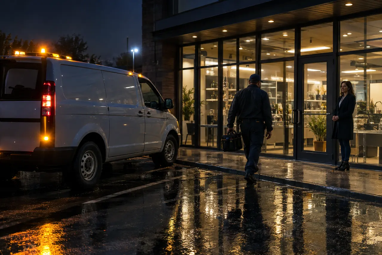 Locksmith heading from a service van to a storefront at night