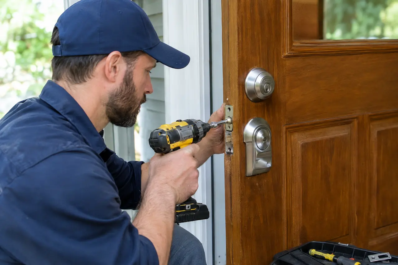 Technician fitting a new deadbolt into a wooden door