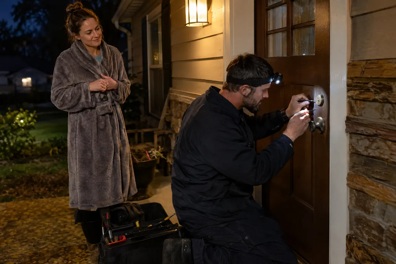 Locksmith with a headlamp opening a home door at night while the homeowner watches