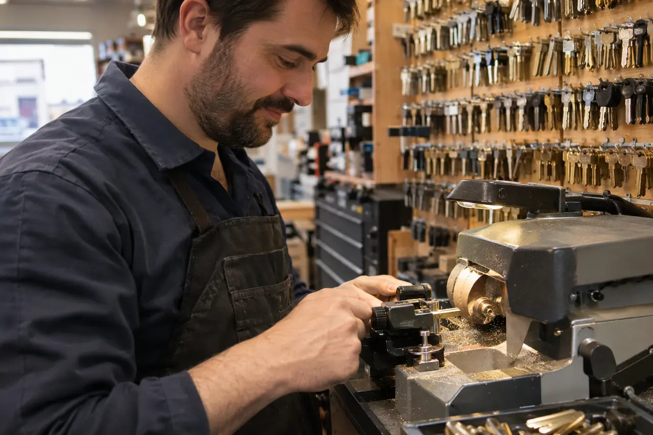 Locksmith cutting a duplicate key on a key machine