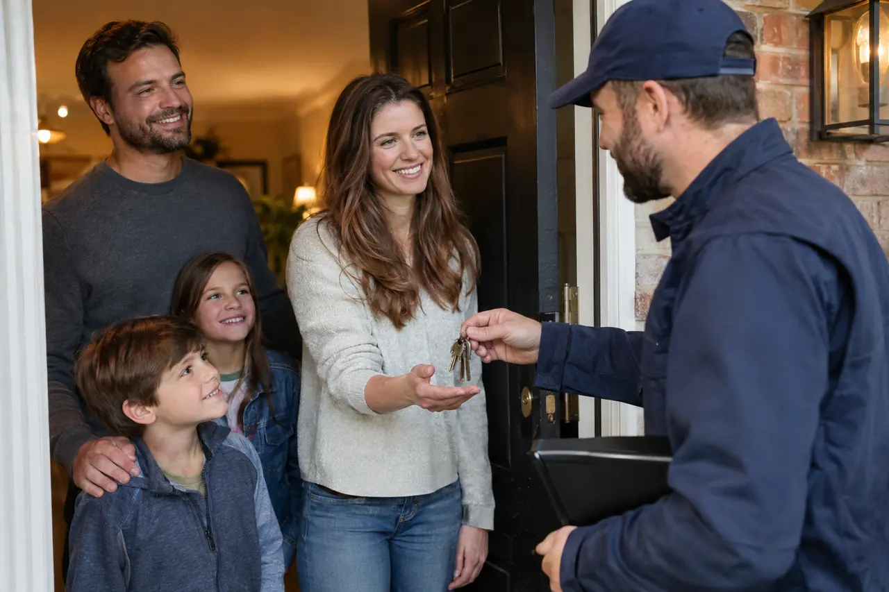 Locksmith handing new keys back to a relieved family at their front door