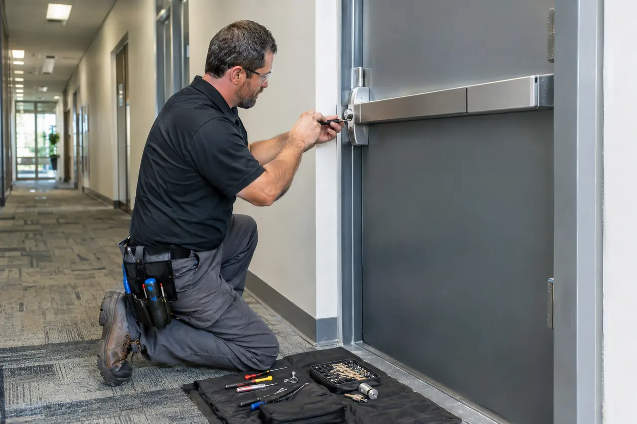 Technician installing a panic bar on an office door